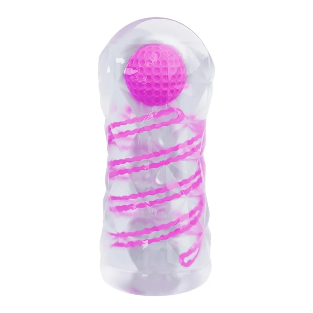 Masturbateur masculin transparent avec spirales magenta et bille de stimulation rose à l'extrémité, sur fond blanc