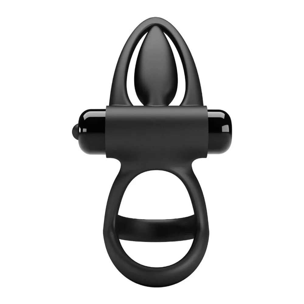 Anneau vibrant en silicone noir avec double anneau ovale, moteur central et poils texturés sur la tête supérieure, fond blanc