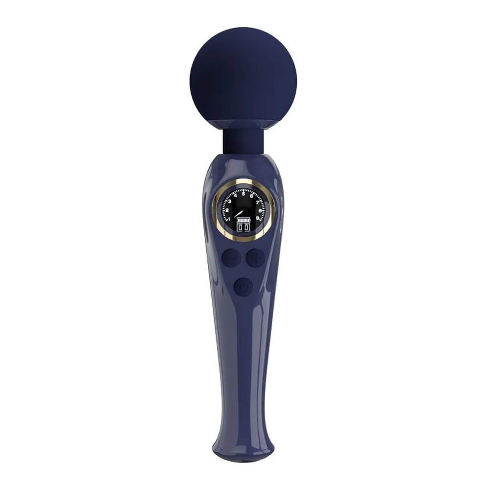Baguette vibrateur noir brillant avec tête sphérique, corps effilé présentant un écran tactile et boutons de commande, sur fond blanc