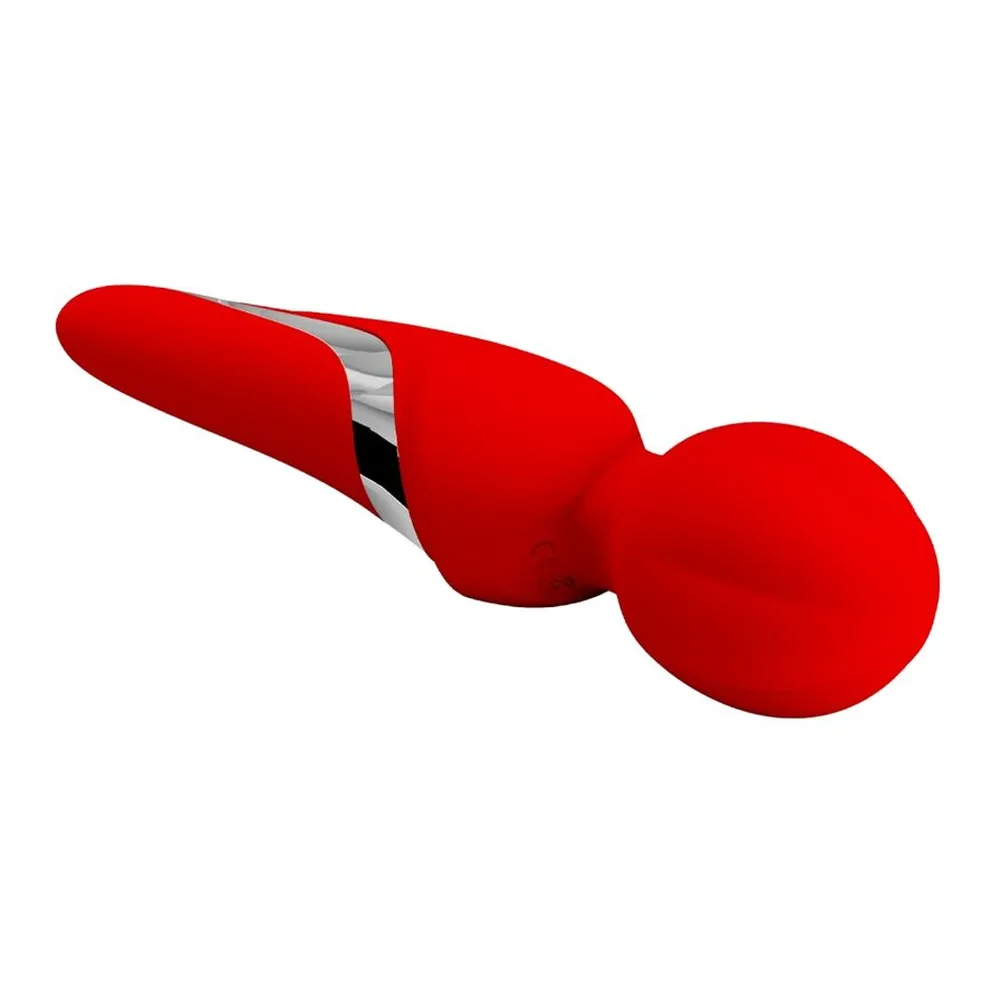 Baguette vibrante en silicone rouge avec tête ronde, grip central gris et noir, fond blanc