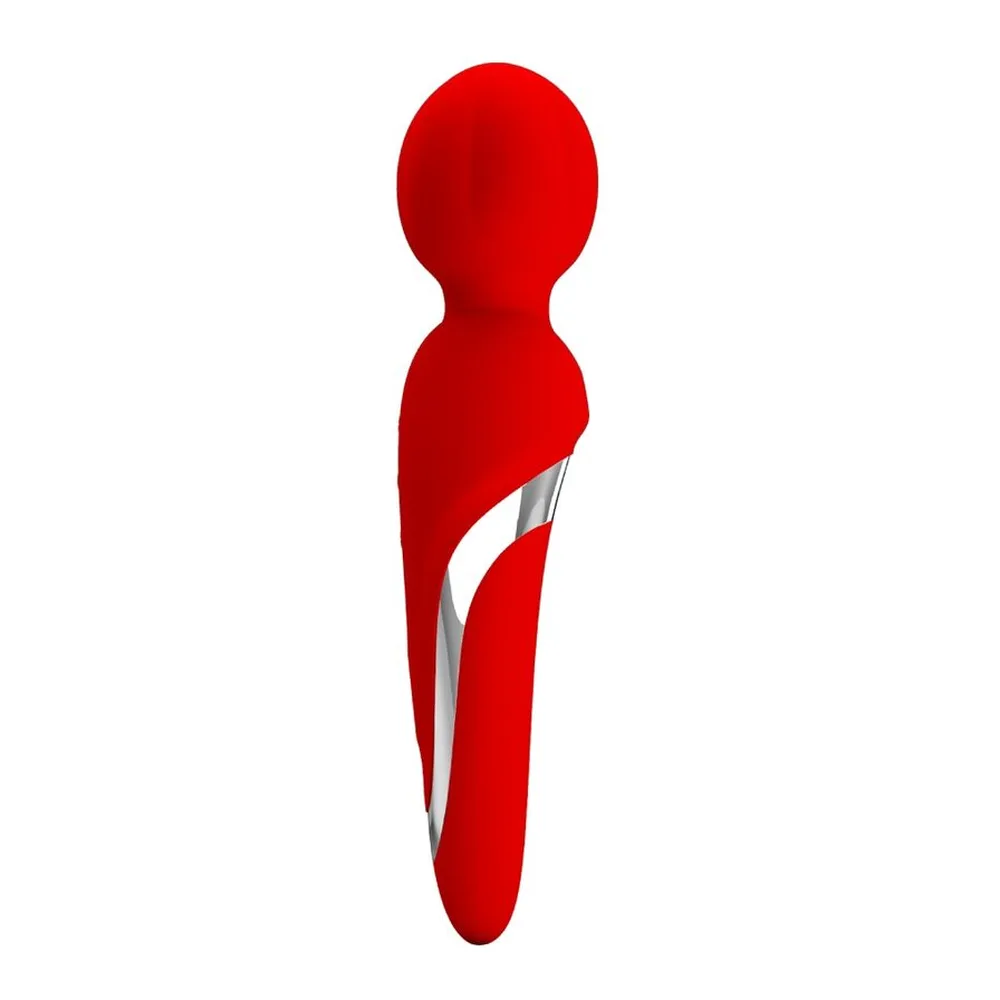 Baguette vibrante en silicone rouge avec tête ronde, grip central gris et noir, fond blanc