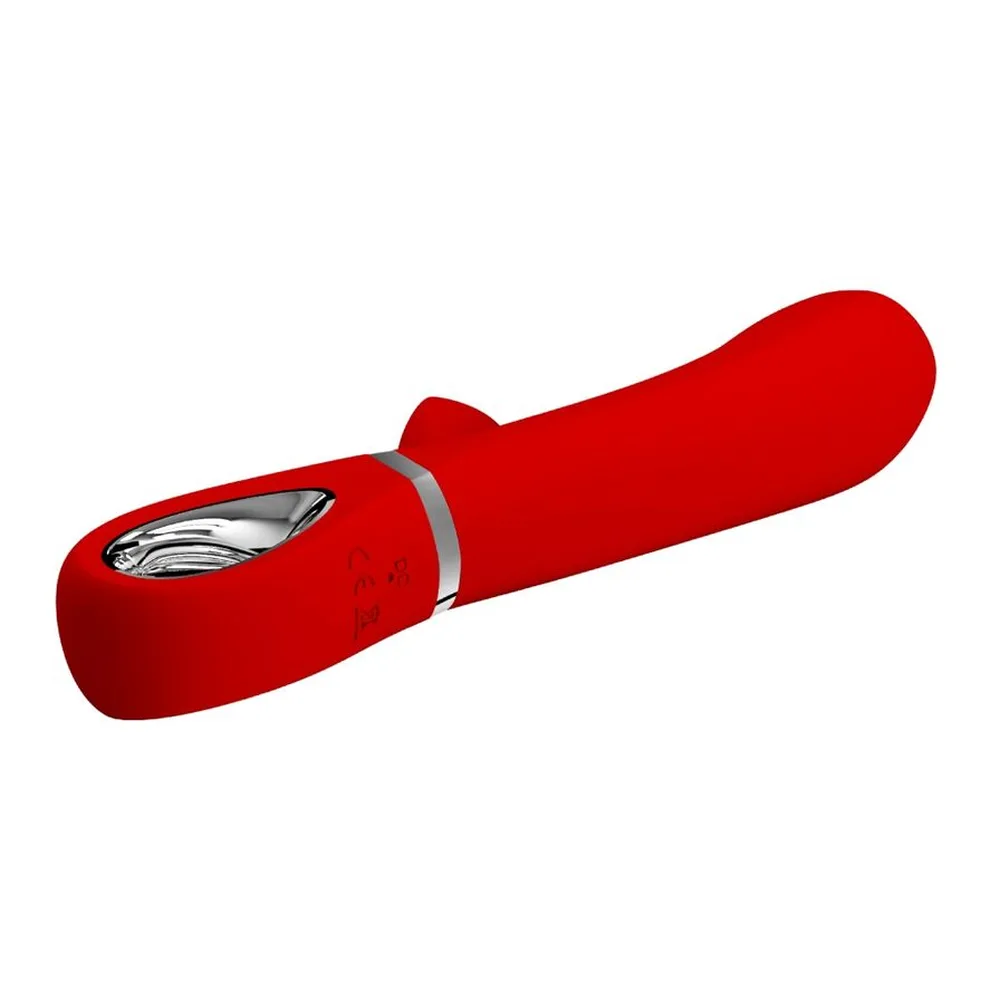 Vibrateur rouge en silicone à tête arrondie et tige courbe, avec anneau métallique au centre, sur fond blanc