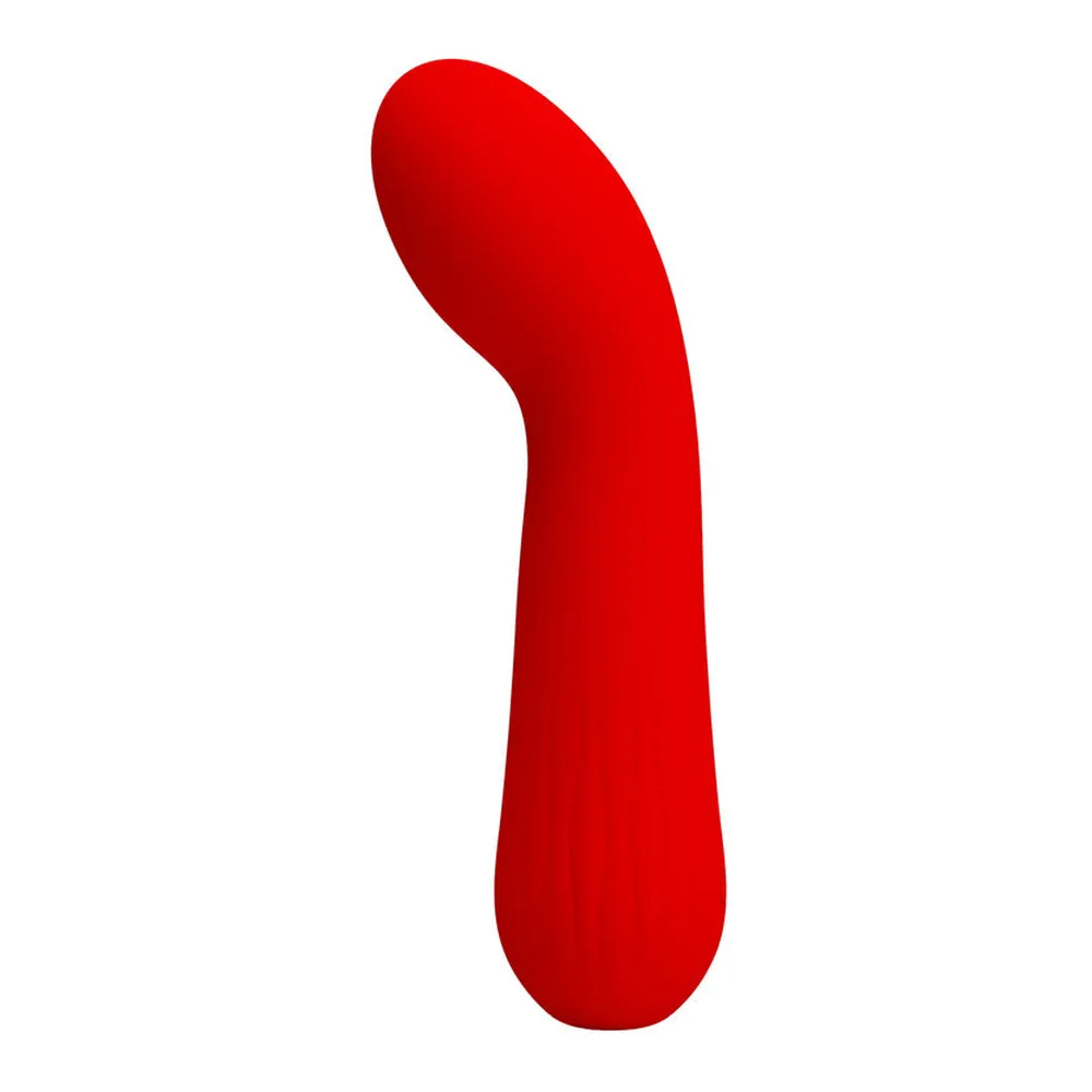 Vibromasseur Faun rouge en silicone, forme allongée effilée avec extrémité arrondie et corps fuselé, sur fond blanc