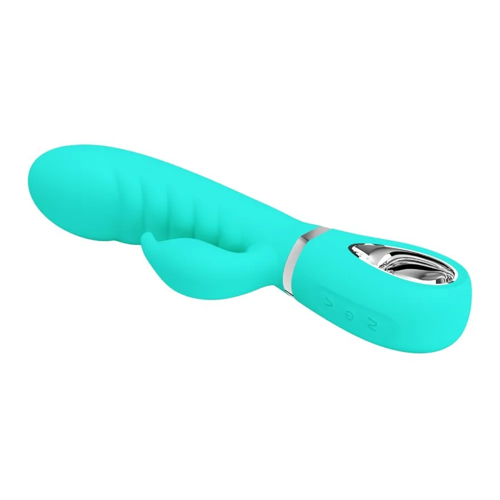 Vibromasseur rabbit turquoise en silicone avec corps flexible, moteur métallisé et anneau blanc de maintien, sur fond blanc