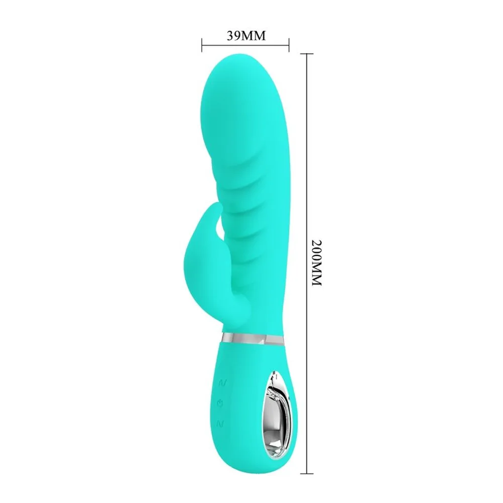 Vibromasseur rabbit turquoise en silicone avec corps flexible, moteur métallisé et anneau blanc de maintien, sur fond blanc