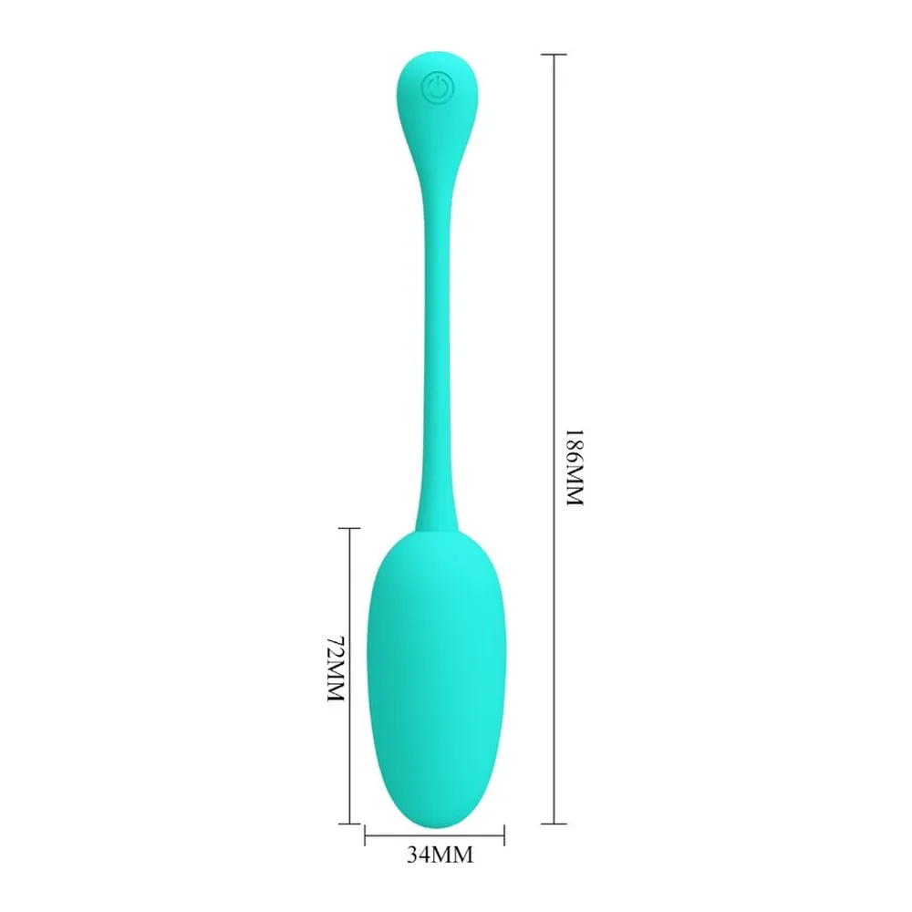 Schéma de dimensions d'un œuf vibrant turquoise en silicone, avec tige fine, montrant la longueur totale de 18,8 cm et la largeur de 3,4 cm
