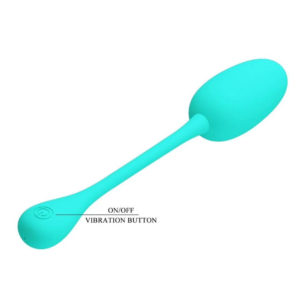 Schéma de dimensions d'un œuf vibrant turquoise en silicone, avec tige fine, montrant la longueur totale de 18,8 cm et la largeur de 3,4 cm
