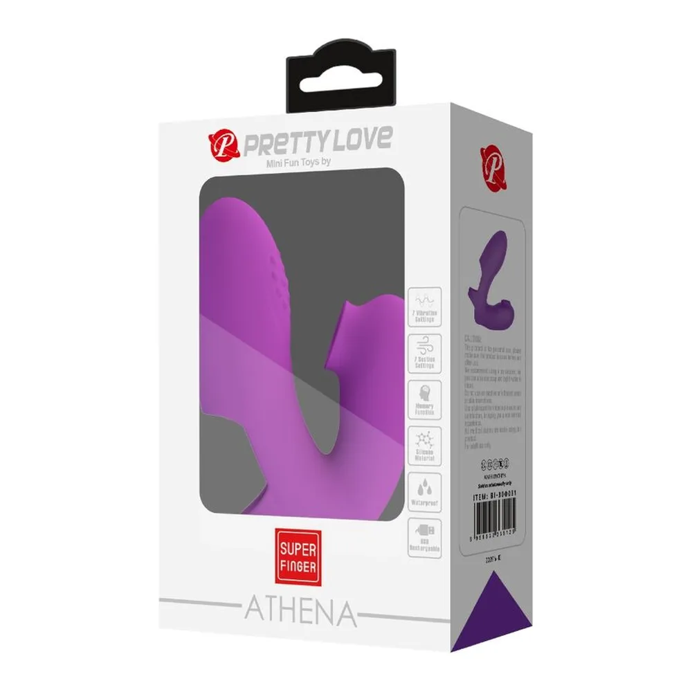 Emballage blanc et gris du vibromasseur Athena de Pretty Love, montrant le produit en silicone rose-mauve avec fonction de tapotement et vibration sur la face avant