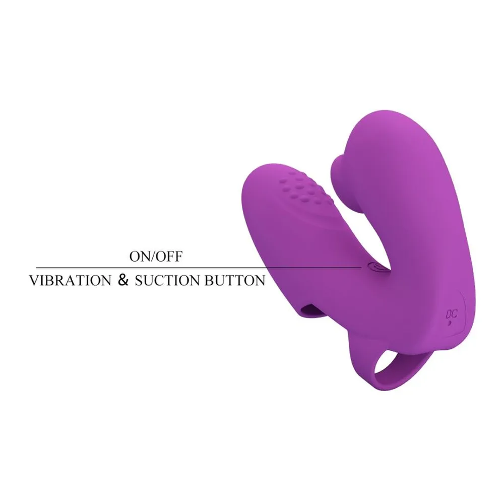 Emballage blanc et gris du vibromasseur Athena de Pretty Love, montrant le produit en silicone rose-mauve avec fonction de tapotement et vibration sur la face avant