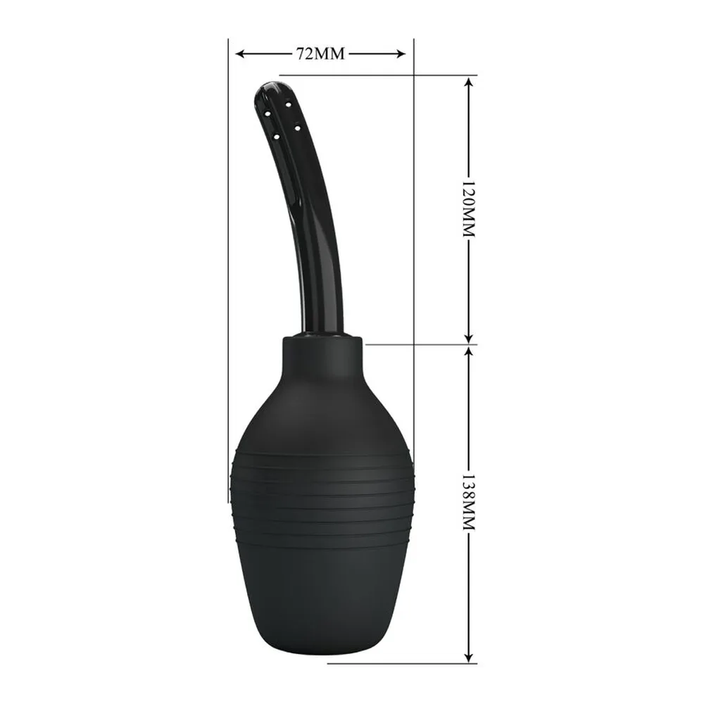 Schéma de dimensions d'une douche anale en silicone noir, poire nervurée avec canule courbée amovible percée, 72 mm de largeur et 120 mm de hauteur totale