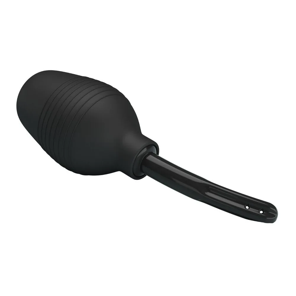 Schéma de dimensions d'une douche anale en silicone noir, poire nervurée avec canule courbée amovible percée, 72 mm de largeur et 120 mm de hauteur totale