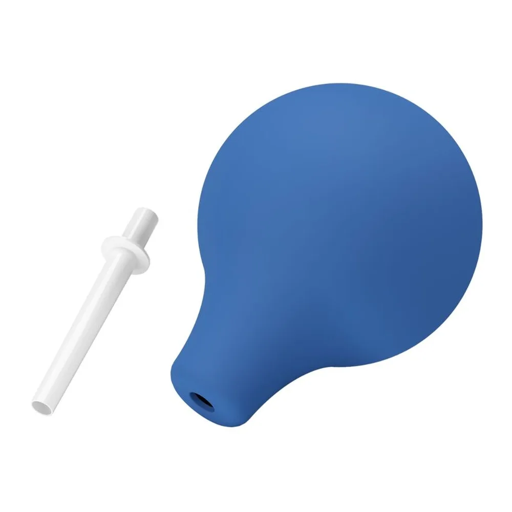 Poire à lavement en silicone noir avec buse fine et tubulure métallique, forme bombée arrondie, sur fond blanc