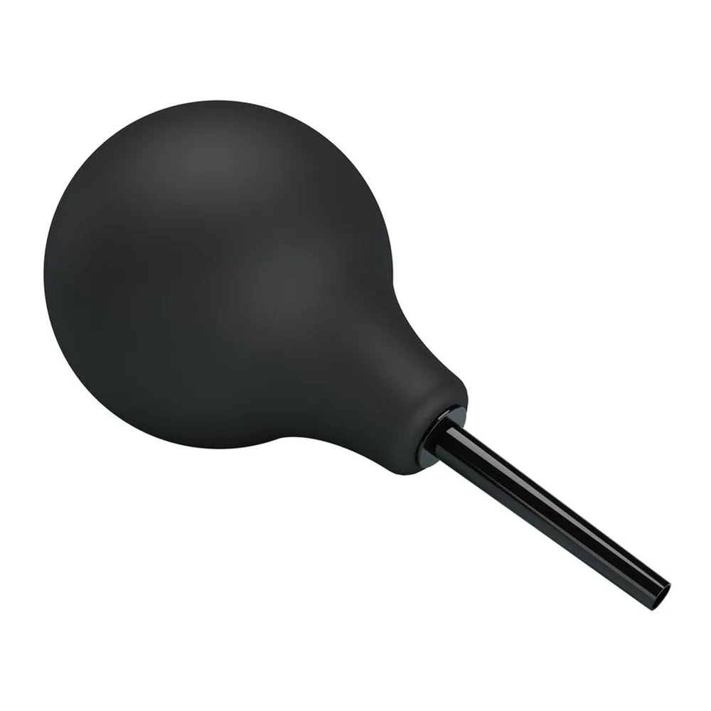 Poire à lavement en silicone noir avec buse fine et tubulure métallique, forme bombée arrondie, sur fond blanc