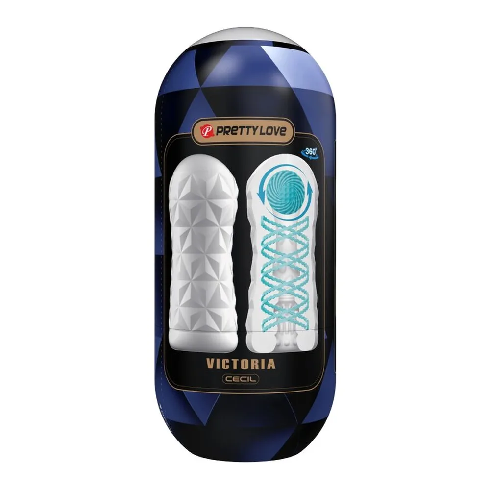 Masturbateur blanc en silicone avec texture spiralée, présenté avec son étui œuf blanc refermable et une petite balle turquoise texturée sur fond neutre