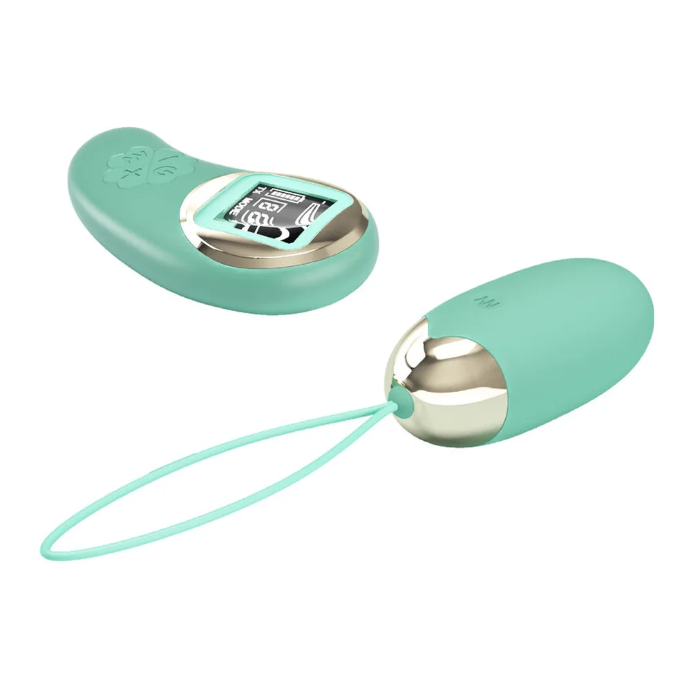 Oeuf Vibrant Mina Pretty Love, coloris vert, tenu en main pour juger de sa taille réelle