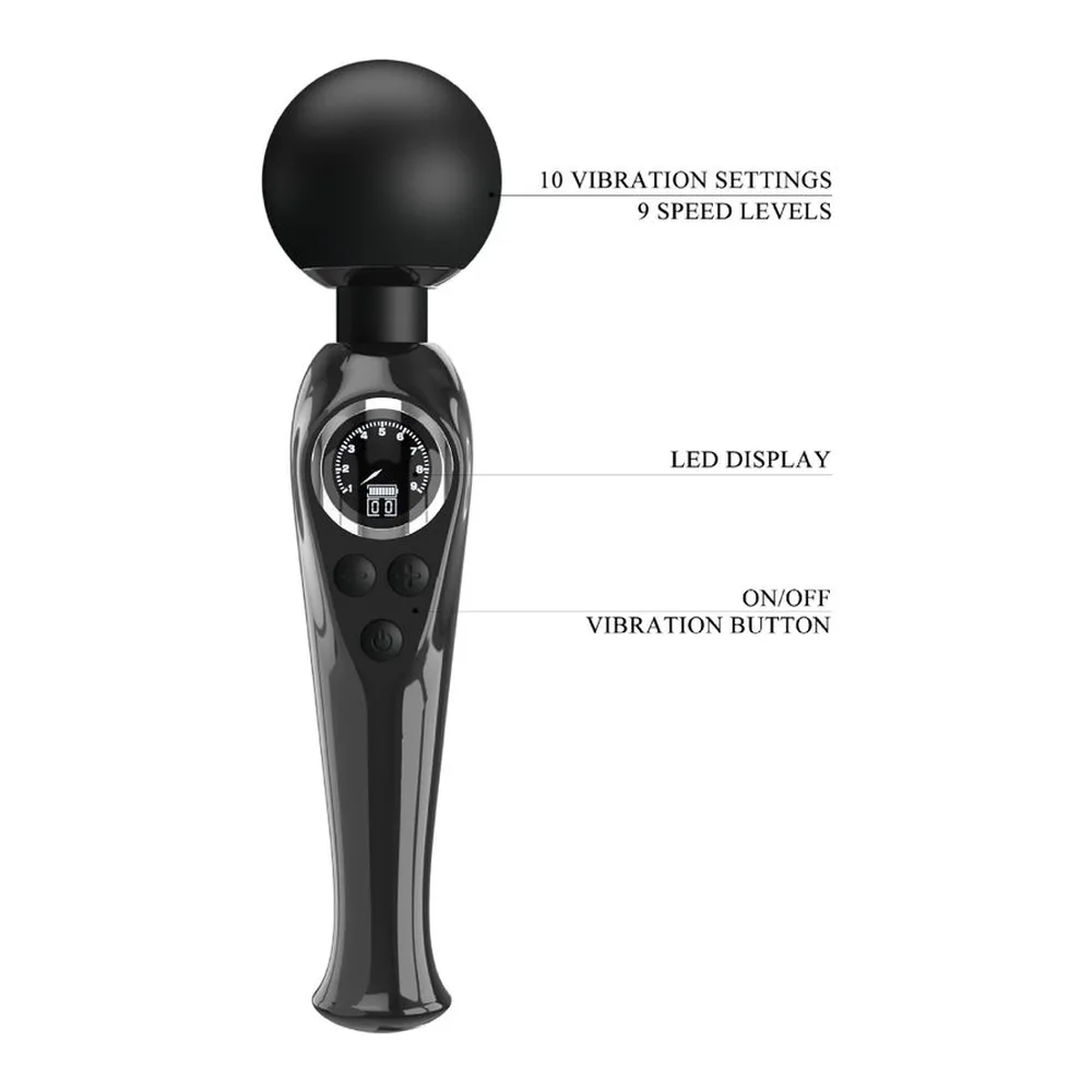Baguette vibrateur noir brillant avec tête sphérique, corps effilé présentant un écran tactile et boutons de commande, sur fond blanc