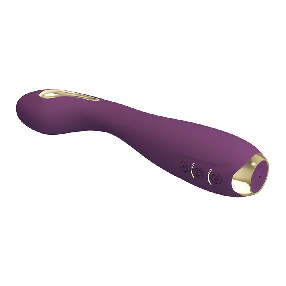 Vibromasseur courbe en silicone violet foncé avec embout doré, boutons de commande et embouts métalliques dorés, sur fond blanc