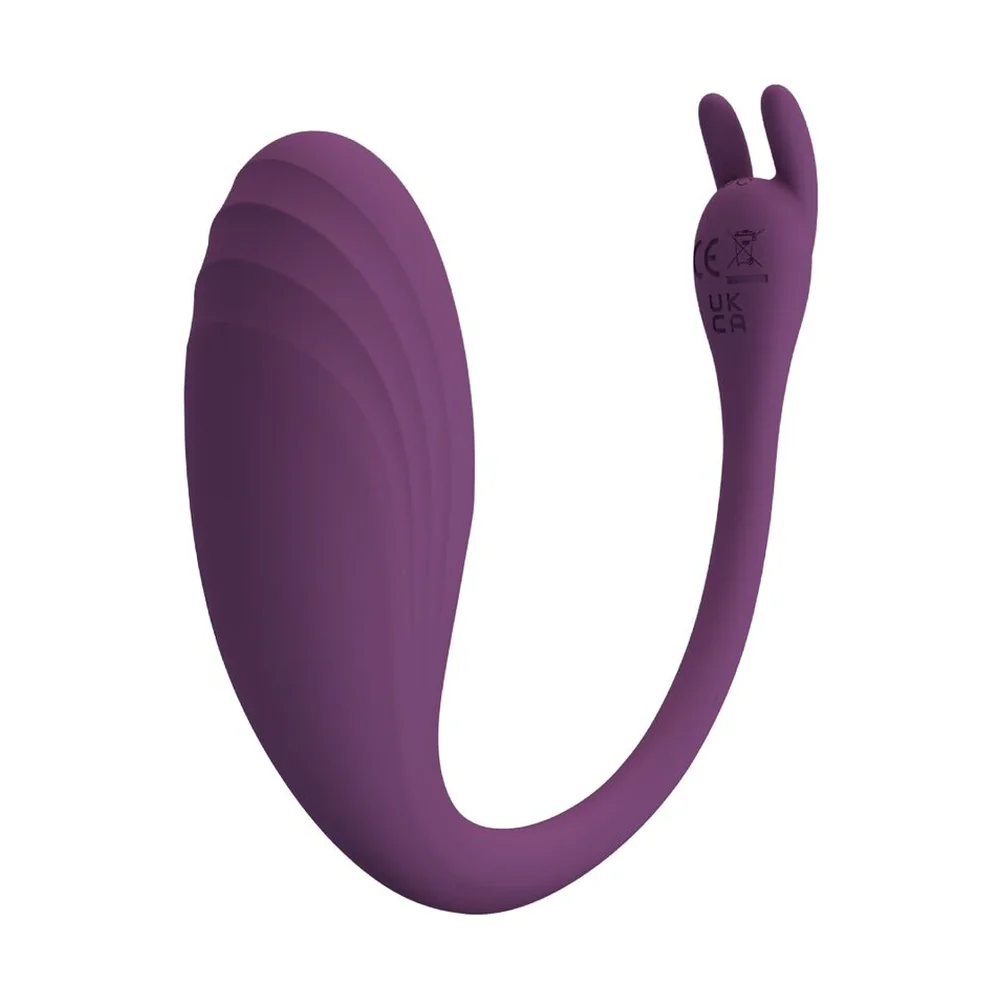 Œuf vibrant violet en silicone avec extrémité en forme de lapin, flexible et incurvé, sur fond blanc