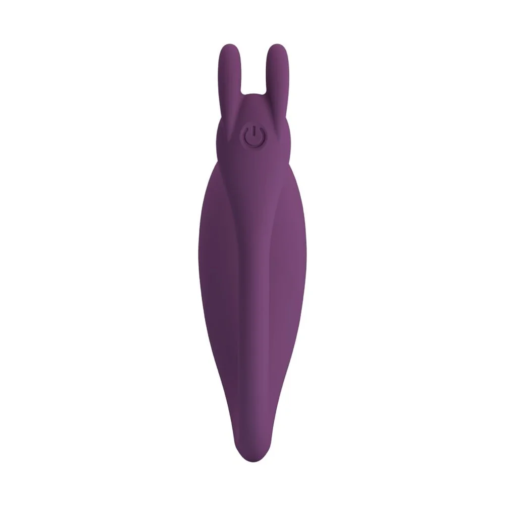 Œuf vibrant violet en silicone avec extrémité en forme de lapin, flexible et incurvé, sur fond blanc