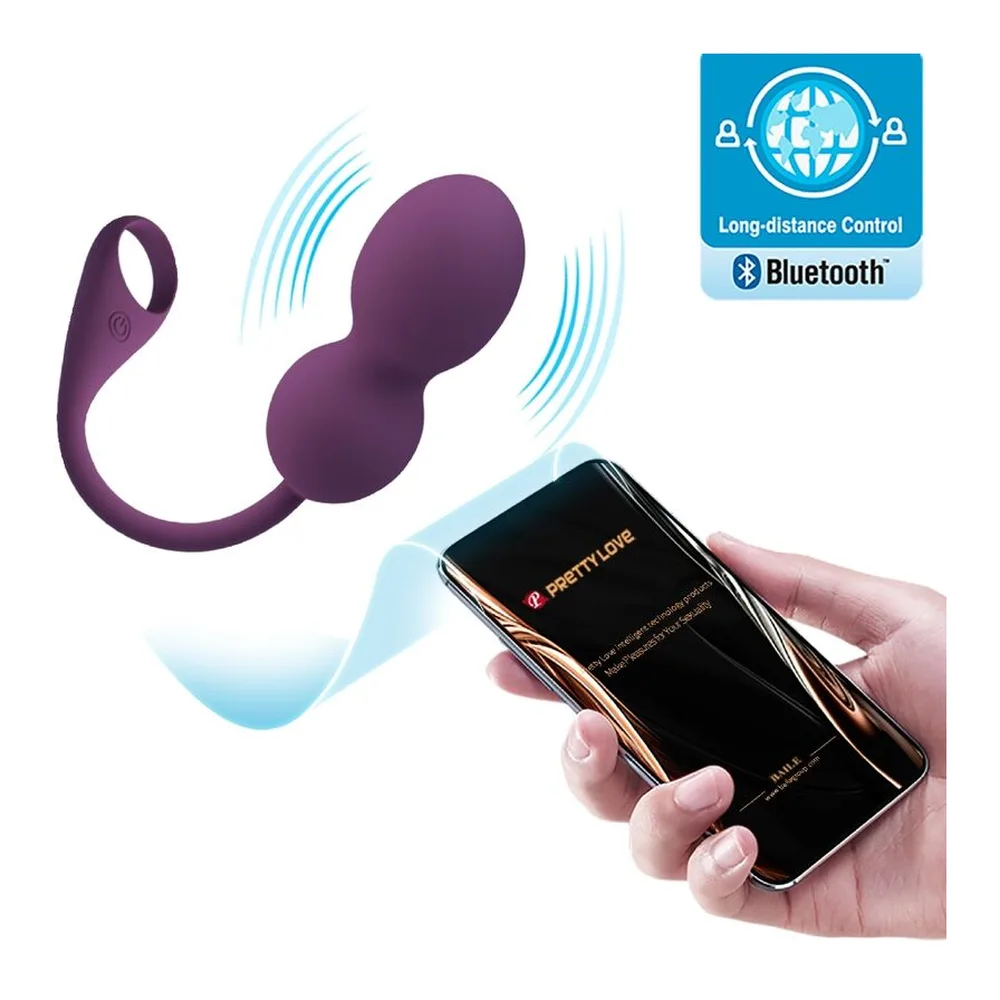 Boules de Geisha violet profond avec deux sphères connectées par une tige, anneau de retrieval à l'extrémité, sur fond blanc