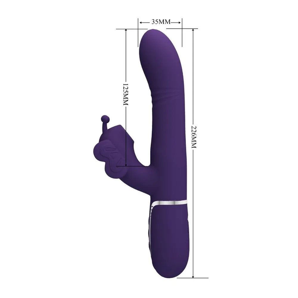 Schéma de dimensions d'un vibromasseur lapin en silicone violet avec stimulateur clitoridien papillon et perles internes, 35 mm de largeur et 226 mm de hauteur