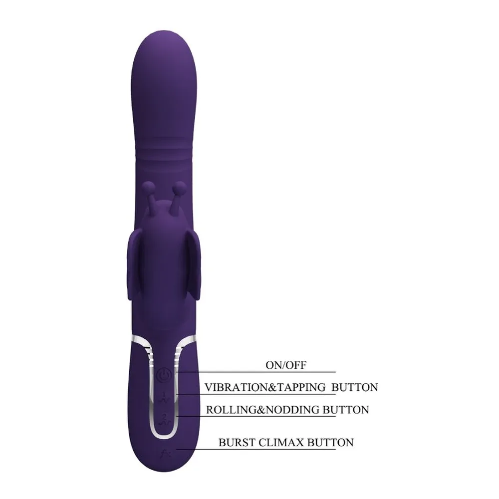 Schéma de dimensions d'un vibromasseur lapin en silicone violet avec stimulateur clitoridien papillon et perles internes, 35 mm de largeur et 226 mm de hauteur