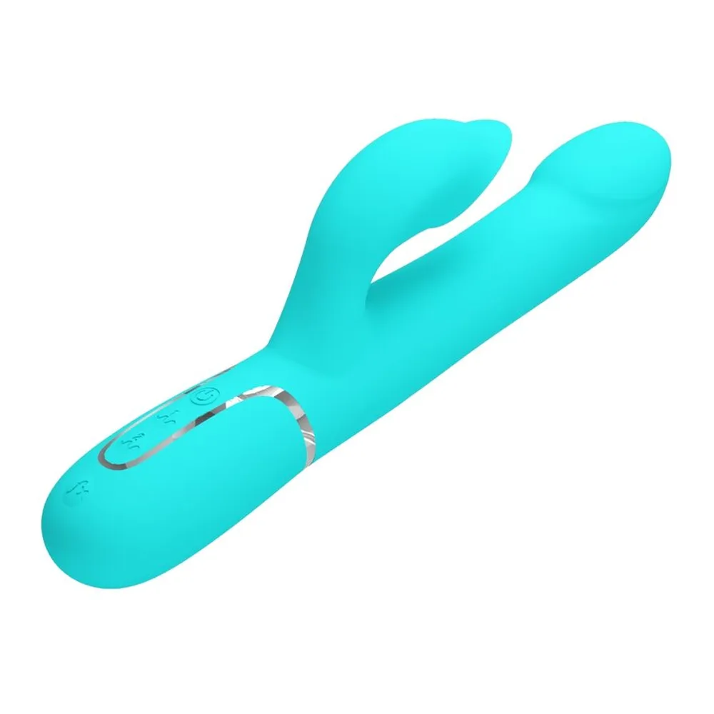 Vibromasseur en silicone turquoise avec une tige principale et un stimulateur clitoridien latéral, de petites perles visibles sur la tige, bouton de commande gris à la base