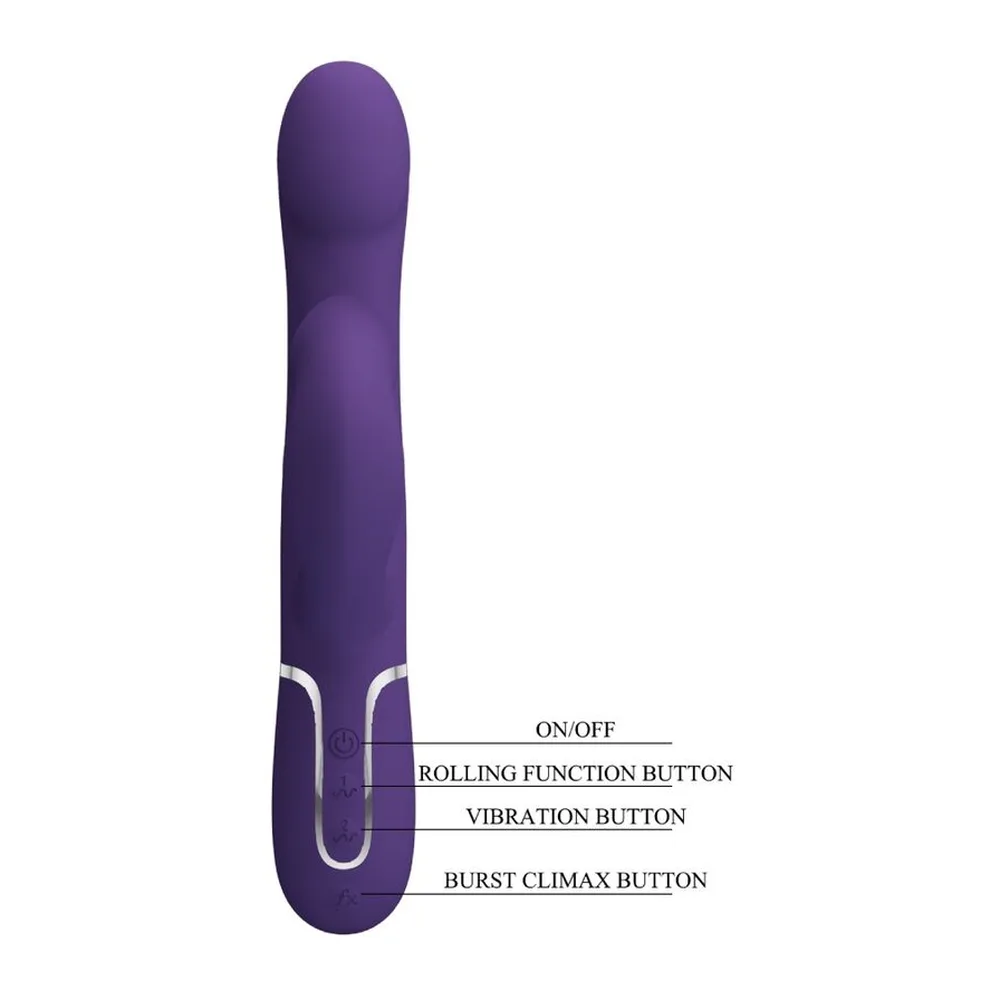 Vibromasseur rabbit en silicone violet avec tige perlée, tête arrondie, et trois boutons de commande étiquetés sur le côté