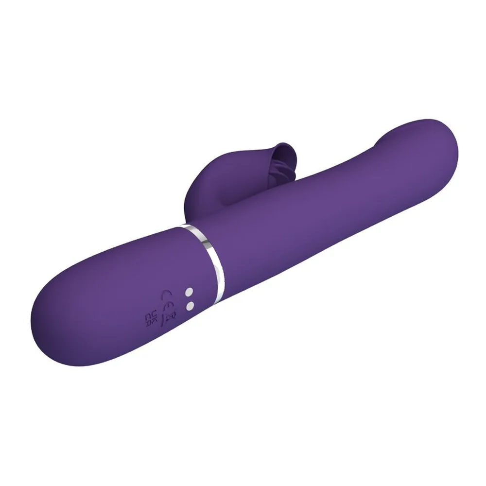 Vibromasseur rabbit en silicone violet avec tige perlée, tête arrondie, et trois boutons de commande étiquetés sur le côté