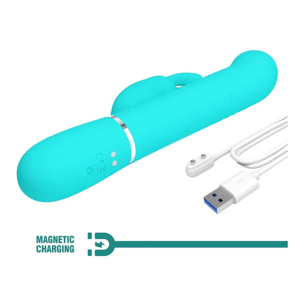 Vibromasseur rabbit turquoise en silicone avec tige perlée, lapin articulé latéral et boutons de commande chromés en bas, sur fond blanc