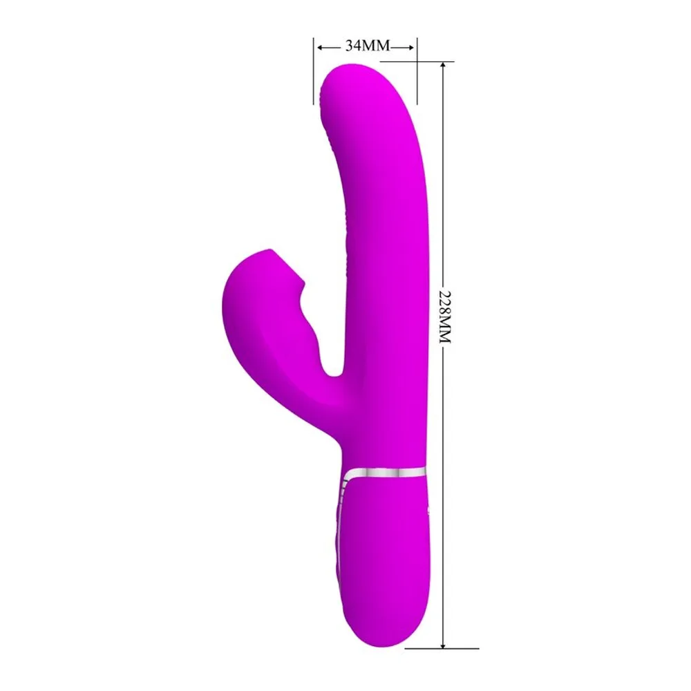Schéma de dimensions d'un vibromasseur magenta en forme de rabbit, 34 mm de largeur et 228 mm de hauteur, avec bras clitoridien recourbé et bande métallique au corps