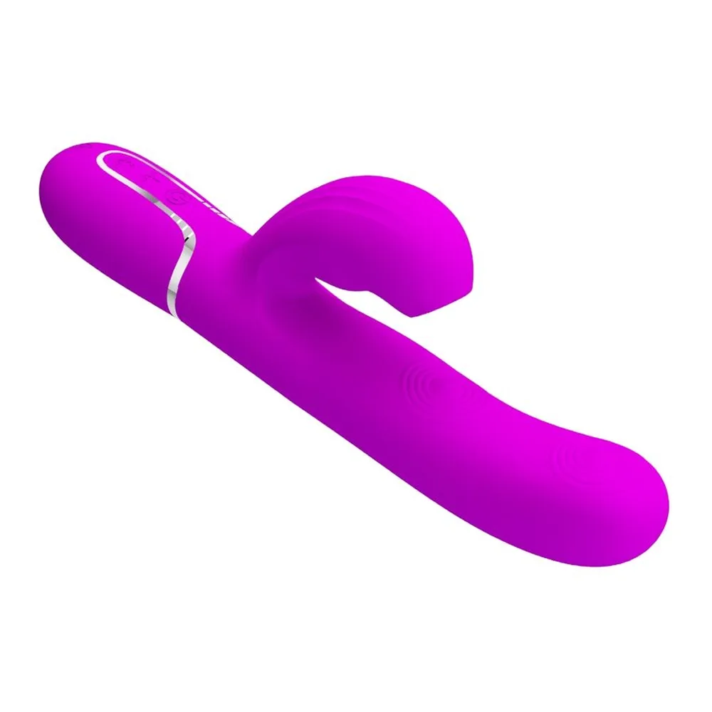 Schéma de dimensions d'un vibromasseur magenta en forme de rabbit, 34 mm de largeur et 228 mm de hauteur, avec bras clitoridien recourbé et bande métallique au corps