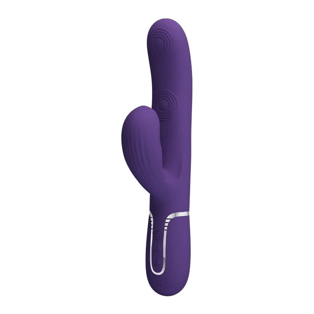 Vibromasseur G-spot en silicone violet avec branches courbes articulées, zones texturées en spirales, base arrondie et anneau de maintien chromé, sur fond blanc