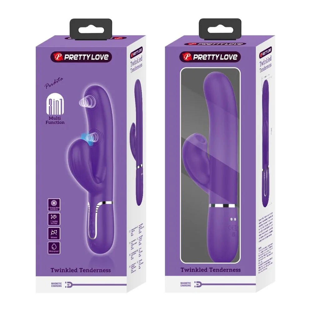 Vibromasseur G-spot en silicone violet avec branches courbes articulées, zones texturées en spirales, base arrondie et anneau de maintien chromé, sur fond blanc