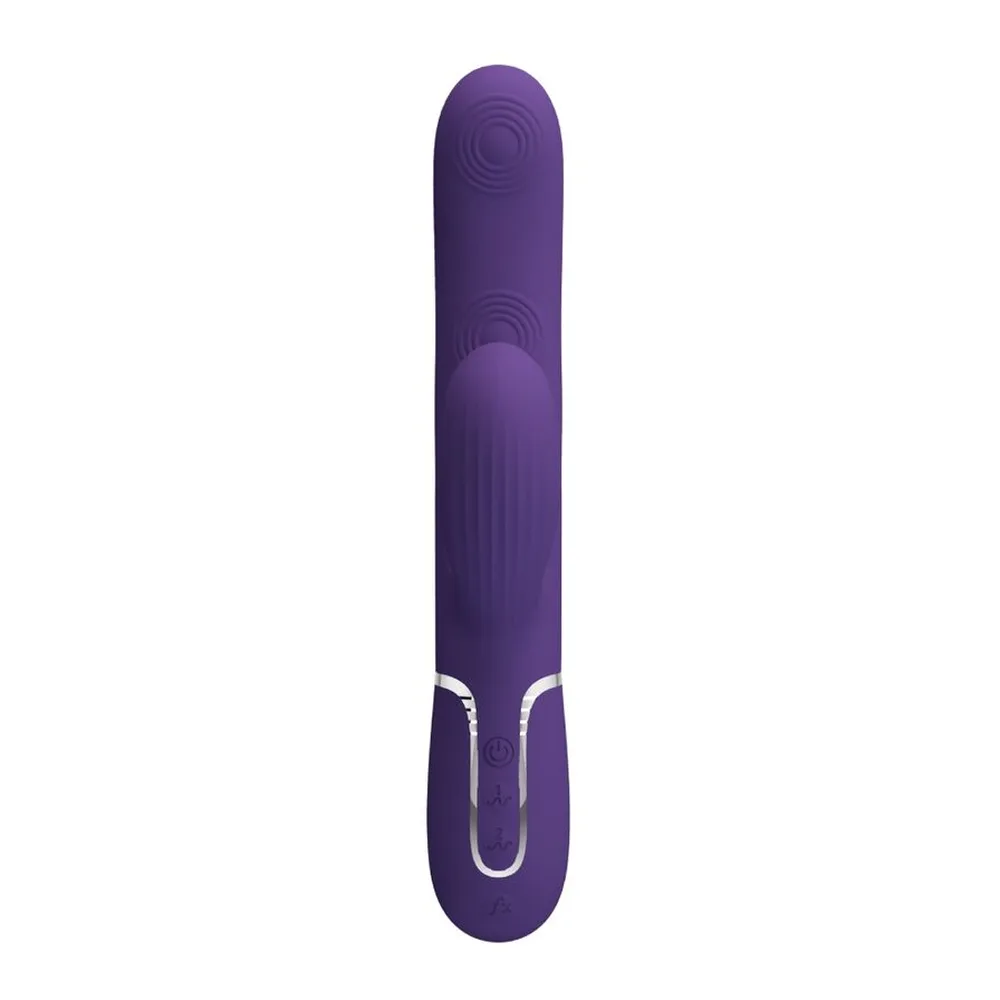 Vibromasseur G-spot en silicone violet avec branches courbes articulées, zones texturées en spirales, base arrondie et anneau de maintien chromé, sur fond blanc