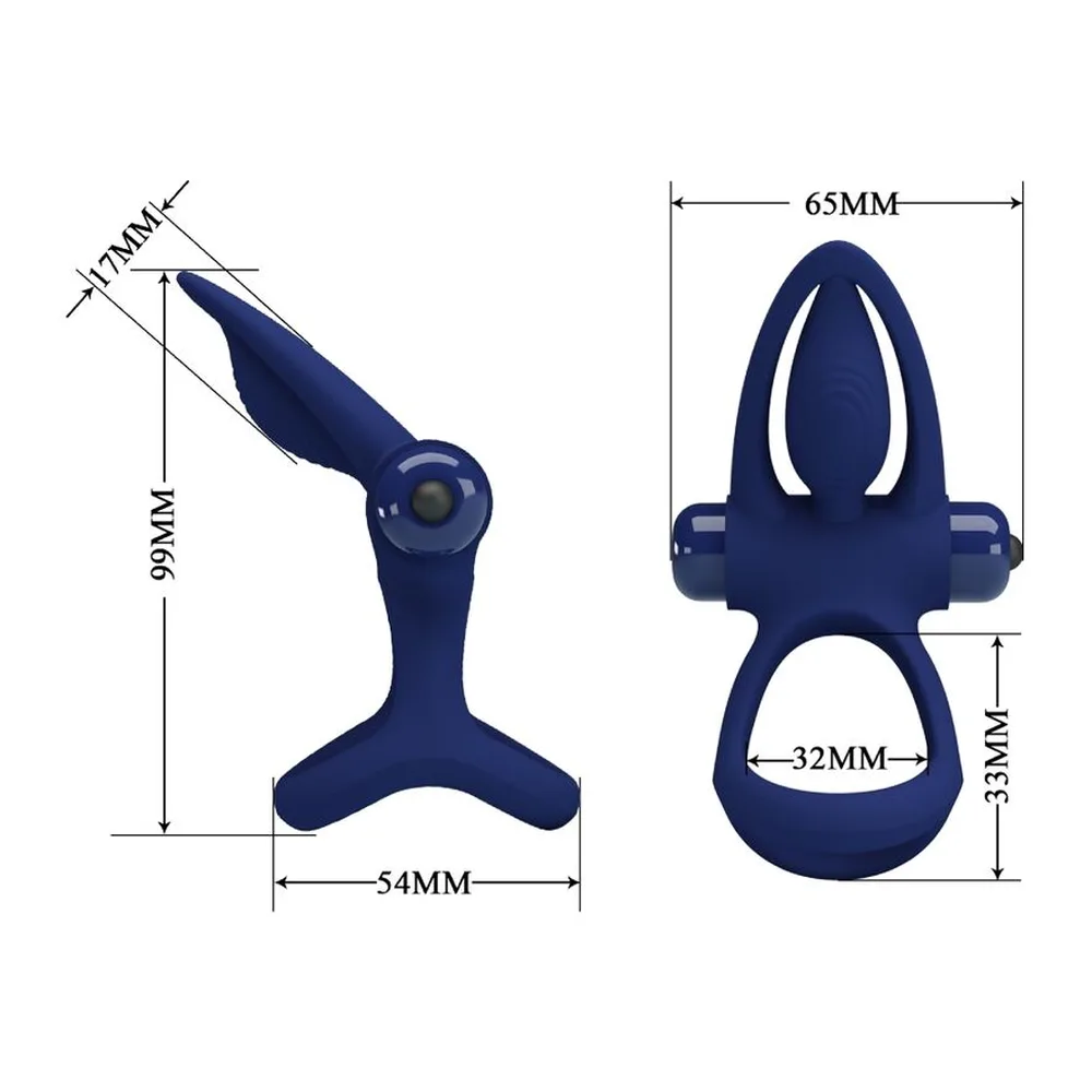 Cockring double anneau en silicone bleu marine avec stimulateur, bouton de commande ON/OFF visible sur le côté