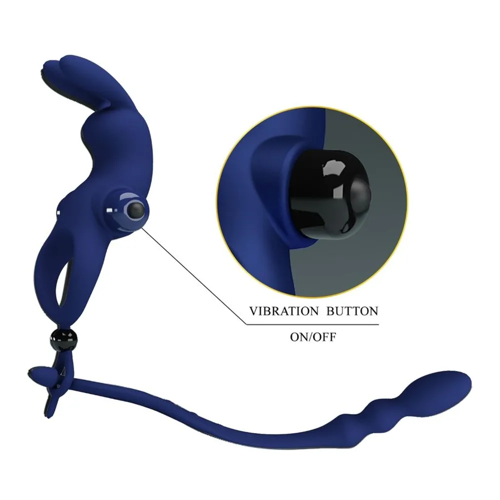 Anneau vibrateur en silicone bleu marine avec stimulateur lapin et chapelet anal attaché, sur fond blanc