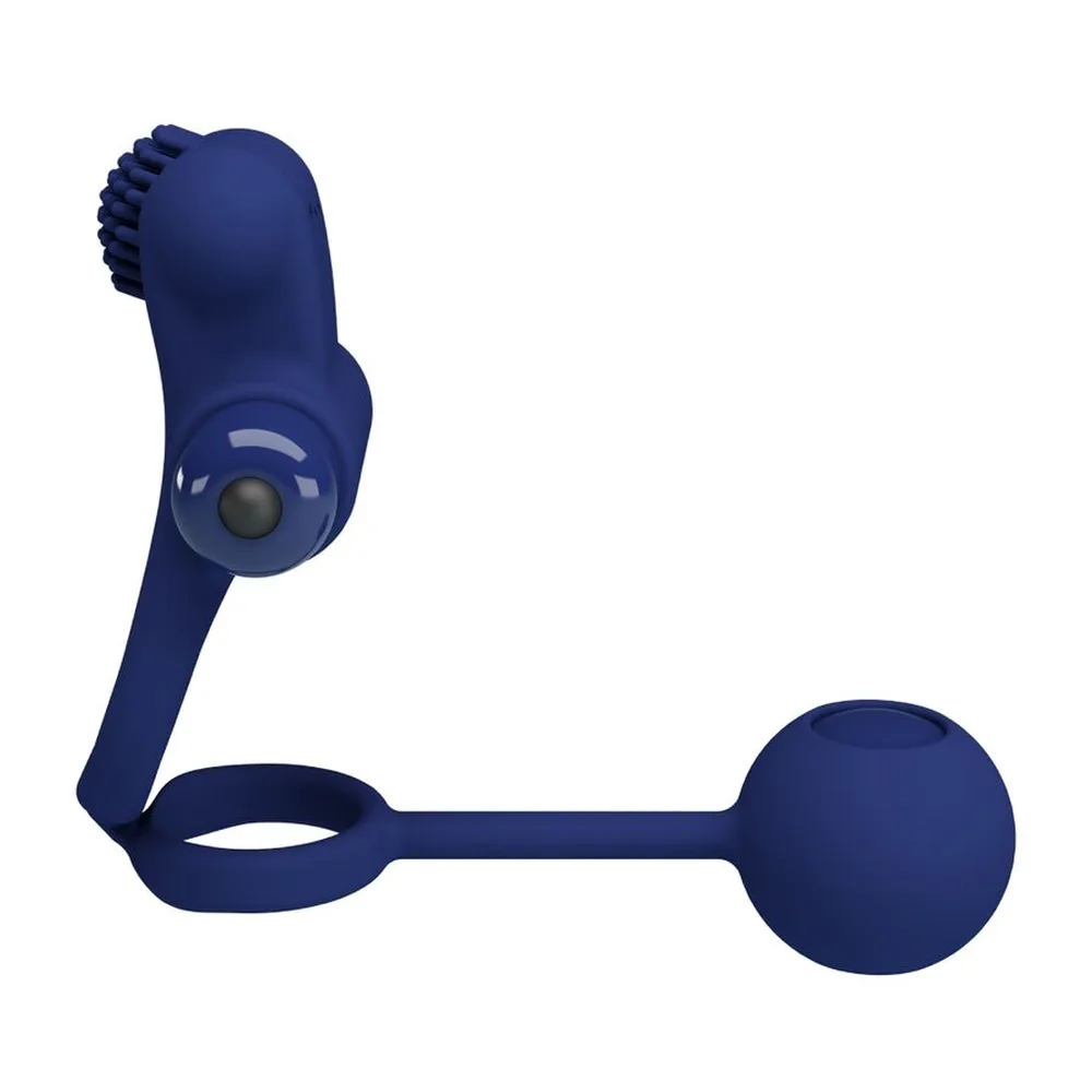 Cockring bleu marine en silicone avec stimulateur vibrant en haut et bille lestée en bas, sur fond blanc