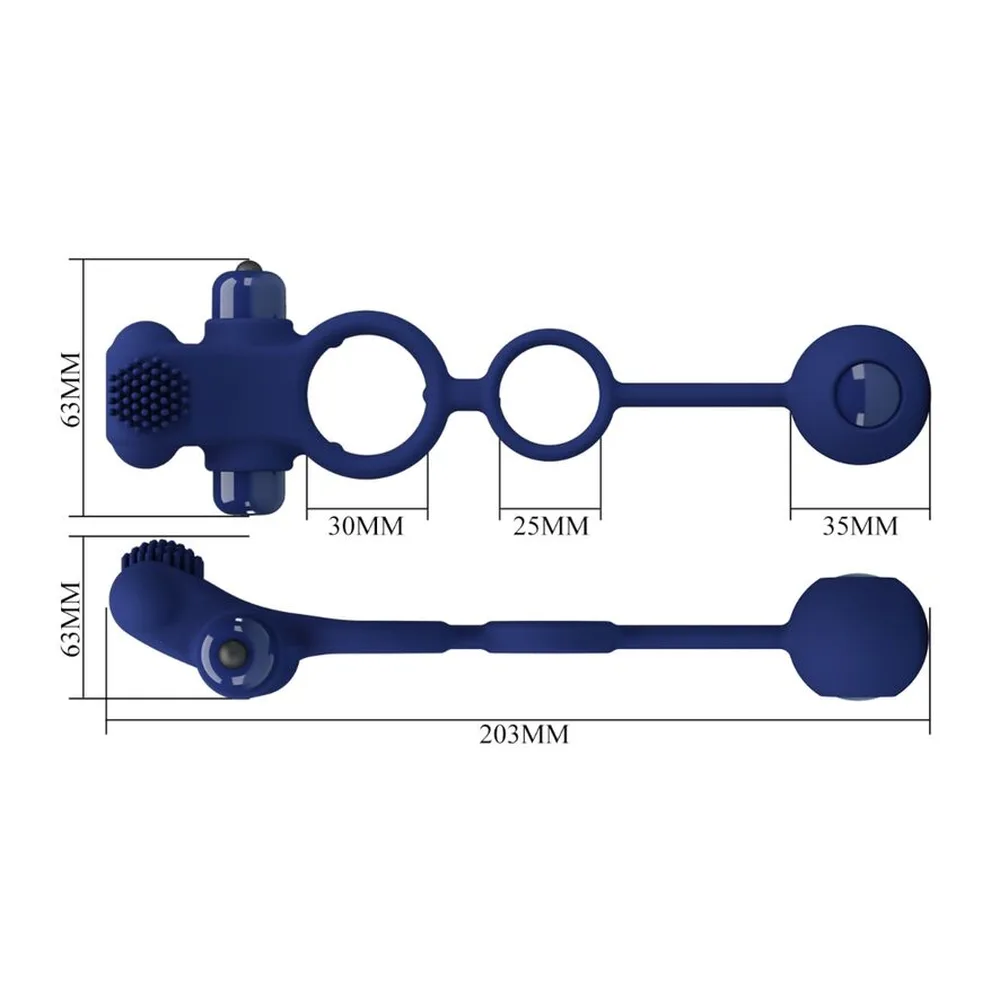Cockring bleu marine en silicone avec stimulateur vibrant en haut et bille lestée en bas, sur fond blanc