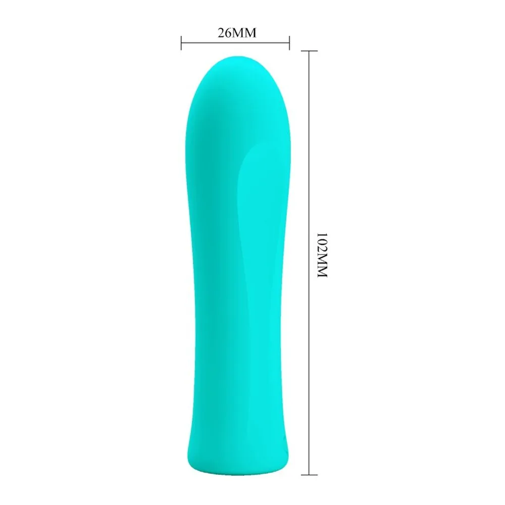 Schéma de dimensions d'un vibromasseur turquoise en silicone, forme allongée et arrondie, 102 mm de hauteur et 26 mm de largeur