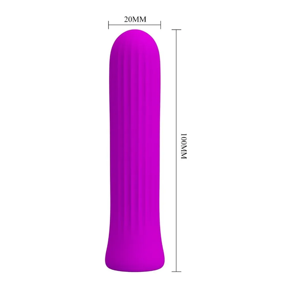 Schéma de dimensions d'un vibromasseur cylindrique magenta en silicone, 20 mm de largeur et 100 mm de hauteur, à bout arrondi