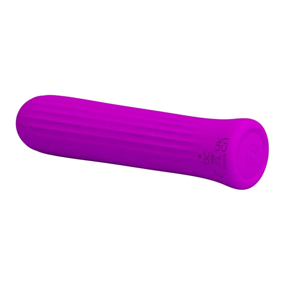 Schéma de dimensions d'un vibromasseur cylindrique magenta en silicone, 20 mm de largeur et 100 mm de hauteur, à bout arrondi