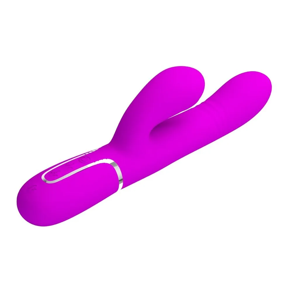Vibromasseur en silicone violet avec deux branches relevées et zone de contrôle sur le corps principal, sur fond blanc
