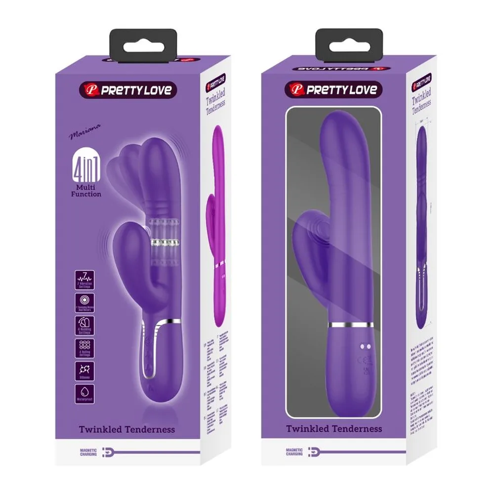 Vibromasseur en silicone violet avec deux branches relevées et zone de contrôle sur le corps principal, sur fond blanc