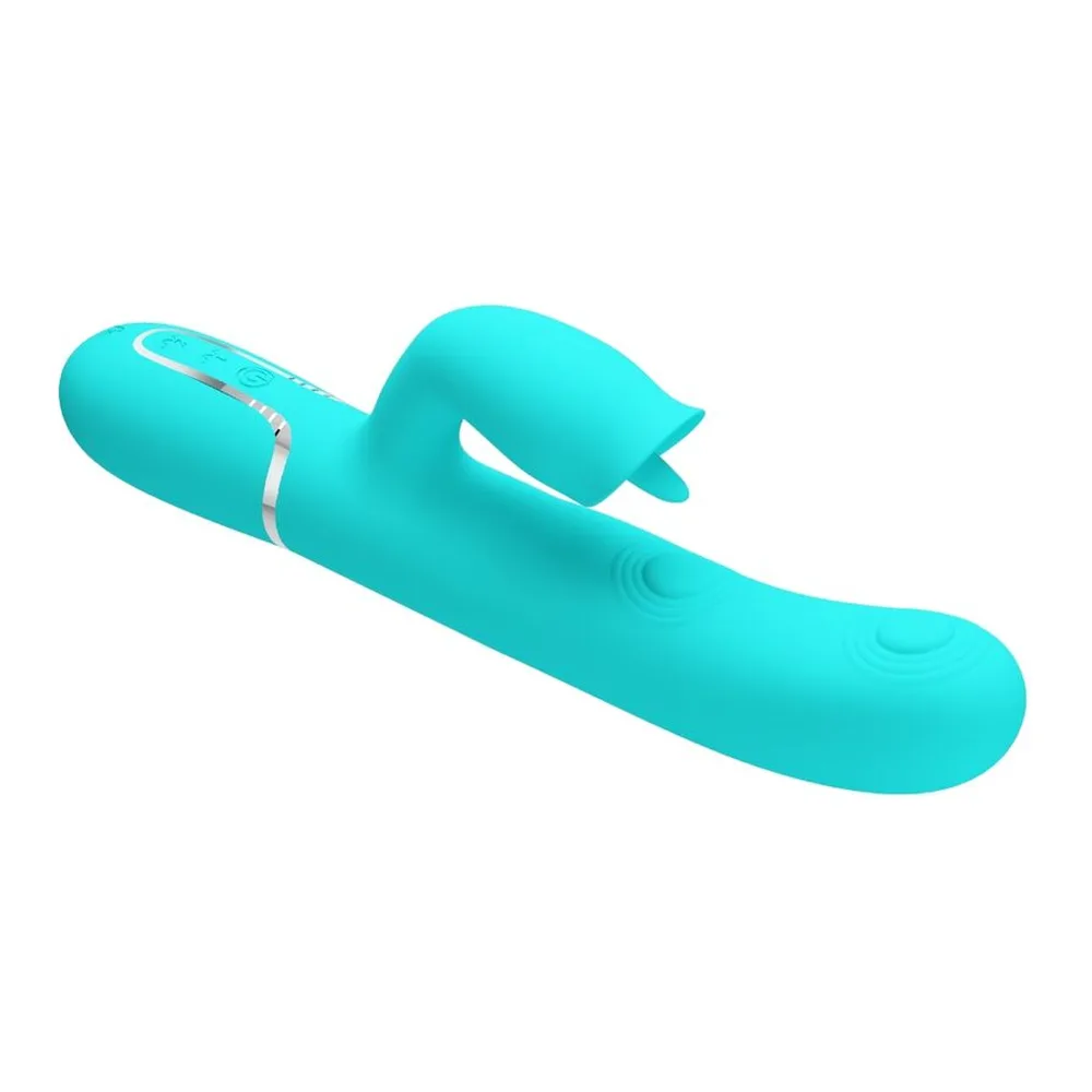 Vibromasseur rabbit en silicone violet foncé avec tige cannelée et languette mobile escamotable, sur fond blanc