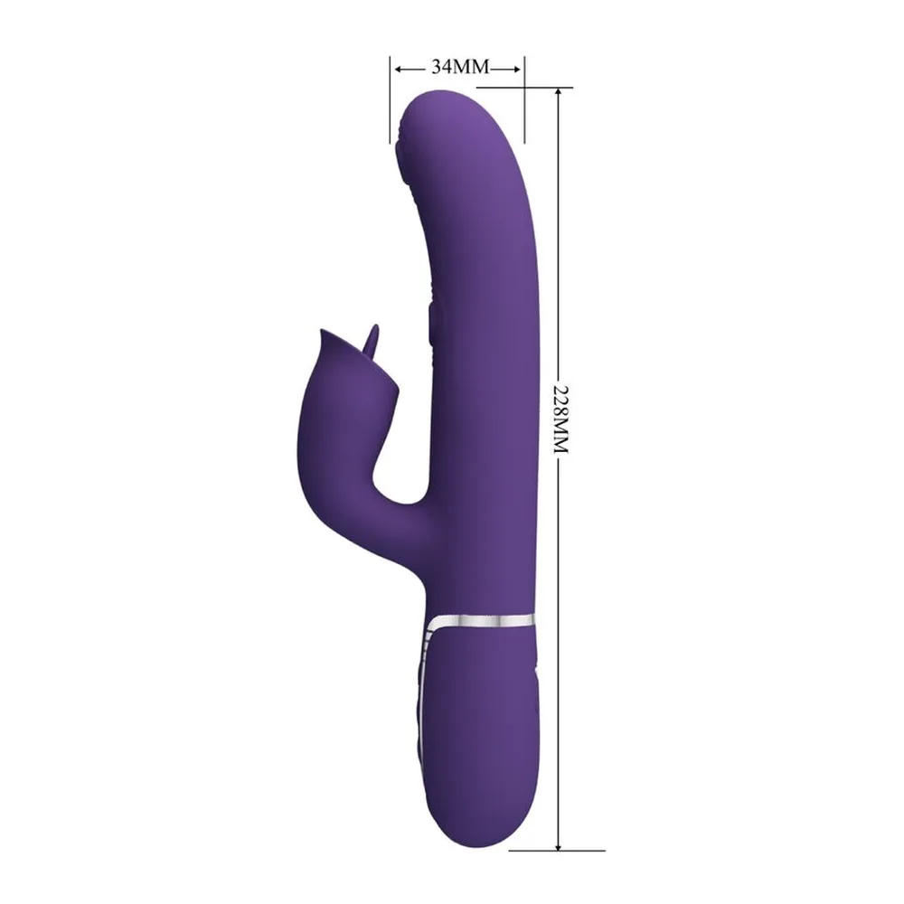Vibromasseur rabbit en silicone violet foncé avec tige cannelée et languette mobile escamotable, sur fond blanc