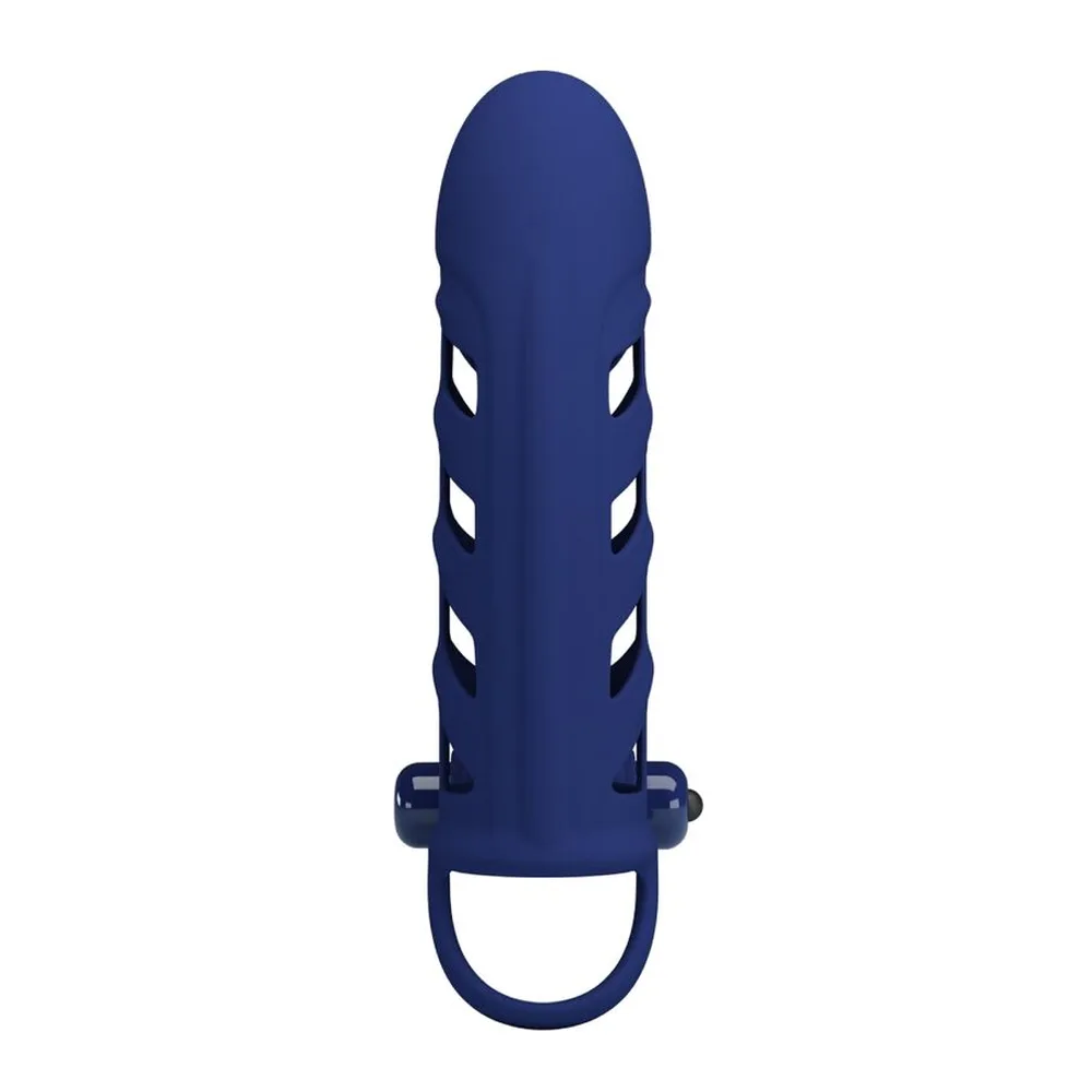 Gaine en silicone bleu marine avec fenêtres rectangulaires découpées, anneau de base et stimulateur vibrant intégré en bas