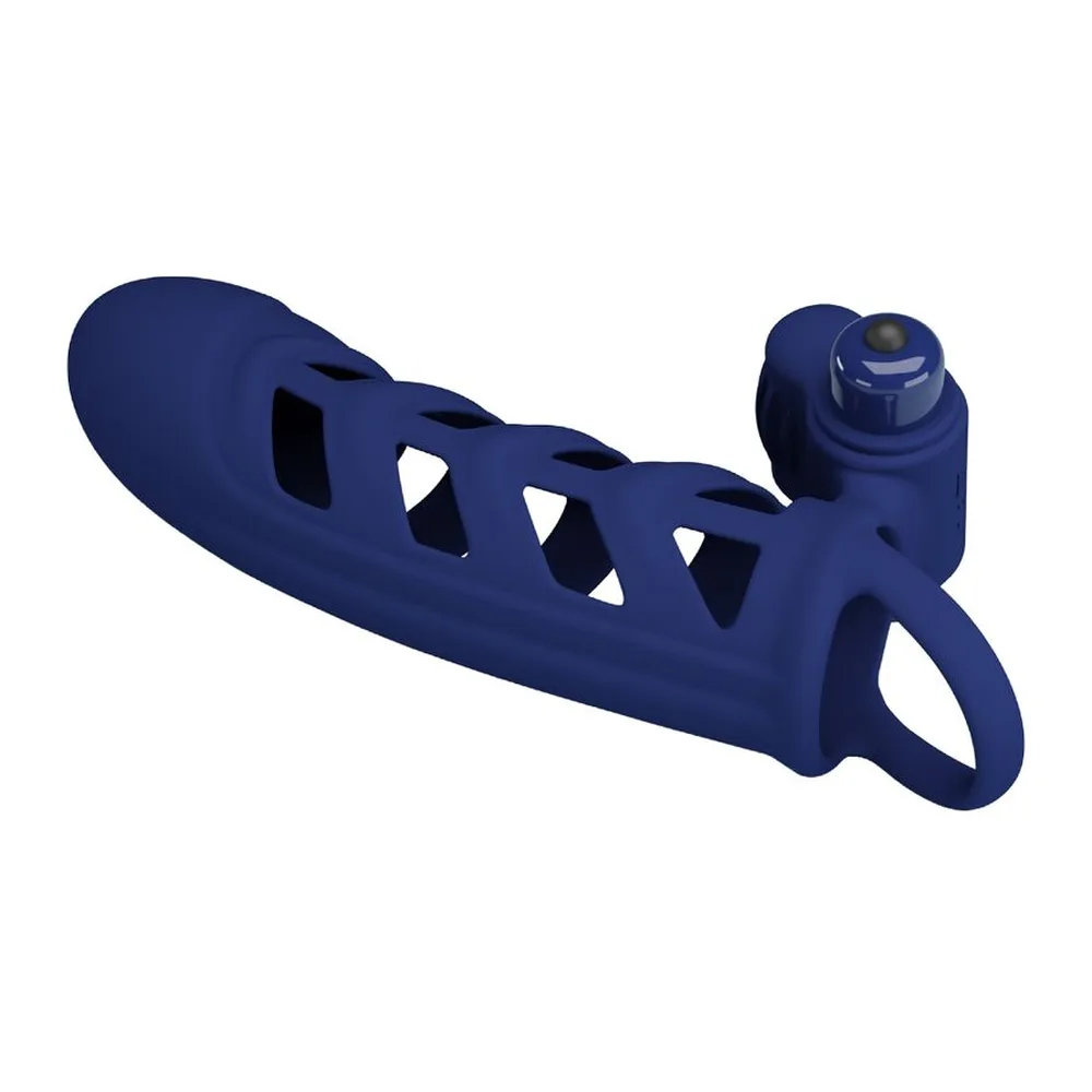 Gaine en silicone bleu marine avec fenêtres rectangulaires découpées, anneau de base et stimulateur vibrant intégré en bas