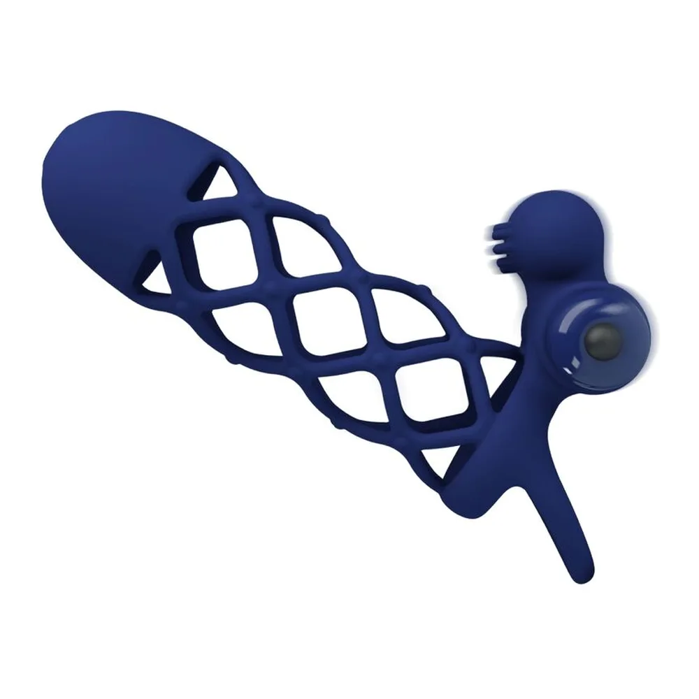 Giann Anneau Vibrateur Gaine en silicone bleu marine avec cage ajourée et stimulateur clitoridien déporté, sur fond blanc