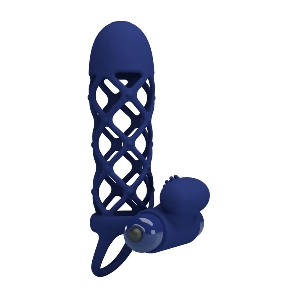 Giann Anneau Vibrateur Gaine en silicone bleu marine avec cage ajourée et stimulateur clitoridien déporté, sur fond blanc